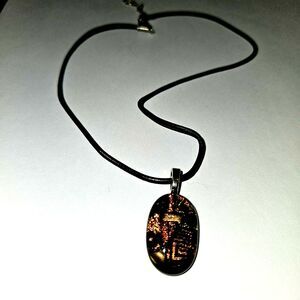 Women's Art Fused Black Glass Necklace With Gold Black String Silver Clasp Boho